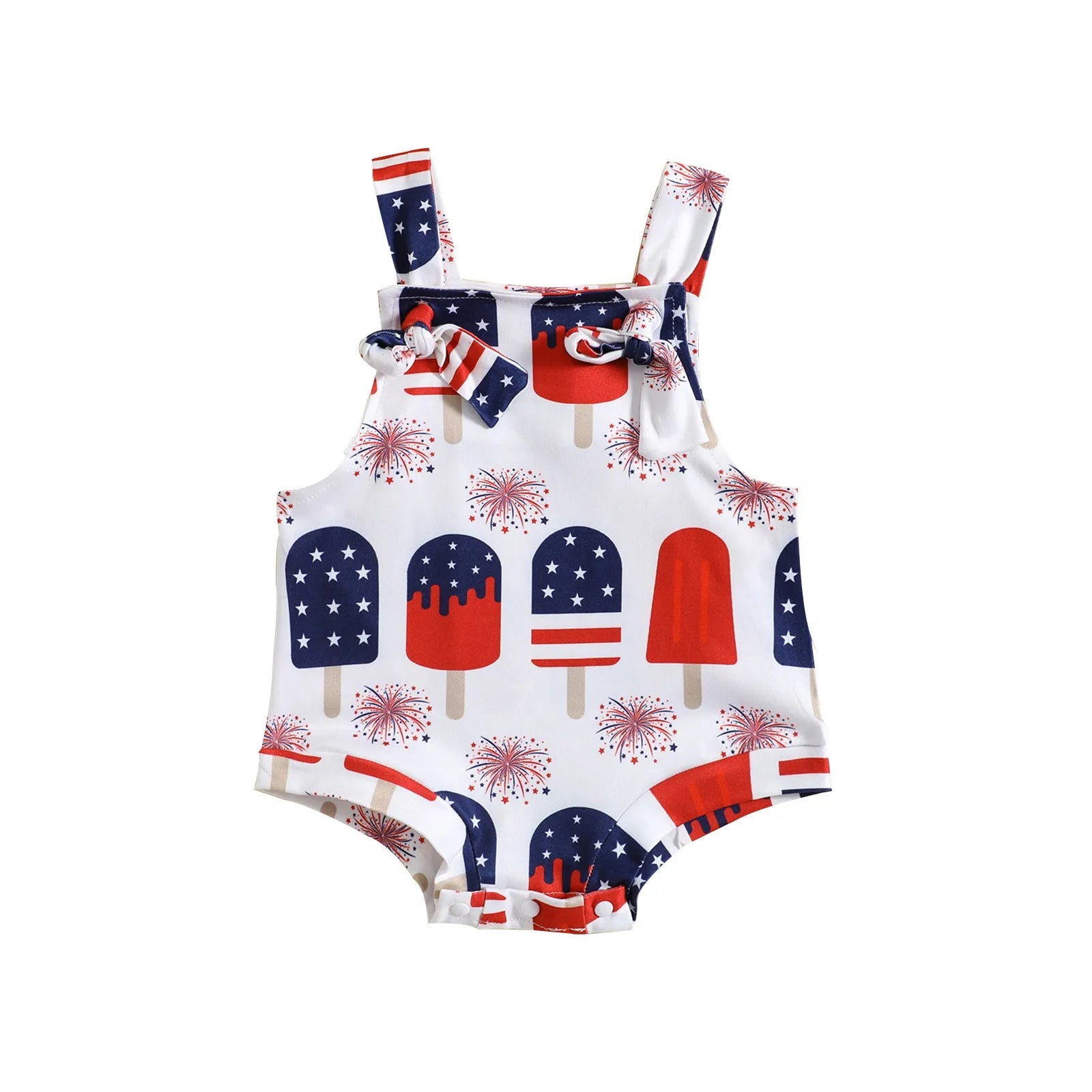 Baby girl wearing sleeveless triangle jumpsuit with front printed knotted suspenders in milk silk polyester fabric