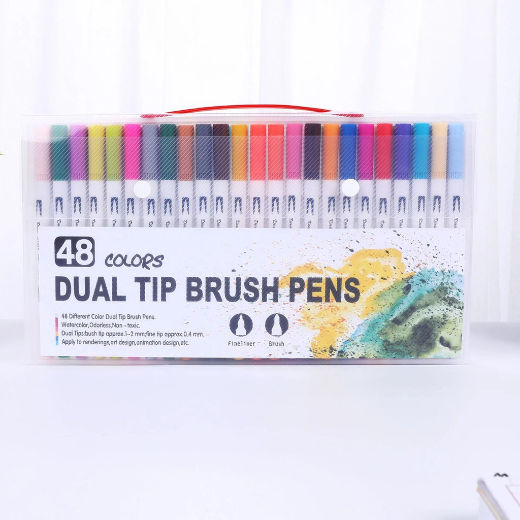 Set of dual-tip watercolour brush pens with flexible brush nibs and fine points, arranged by colour.