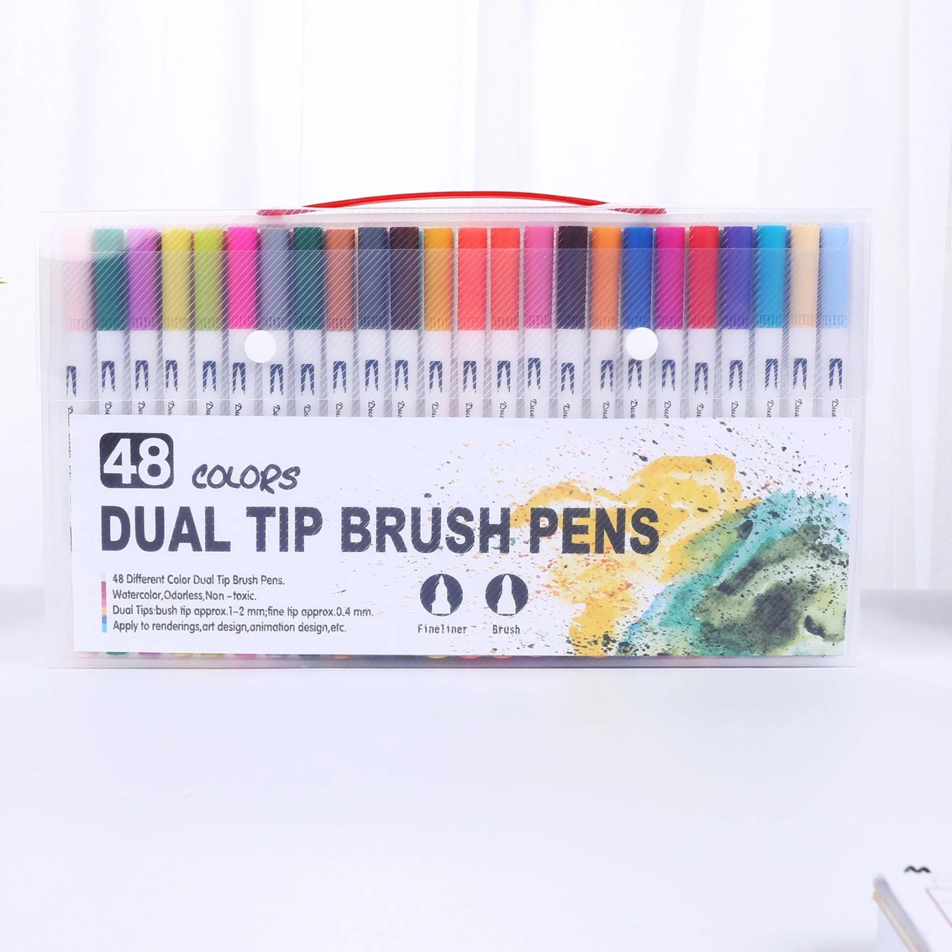 Set of dual-tip watercolour brush pens with flexible brush nibs and fine points, arranged by colour.