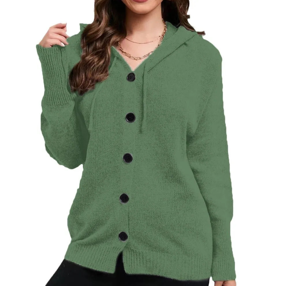 Women's solid colour cotton hooded cardigan sweater in loose fit style