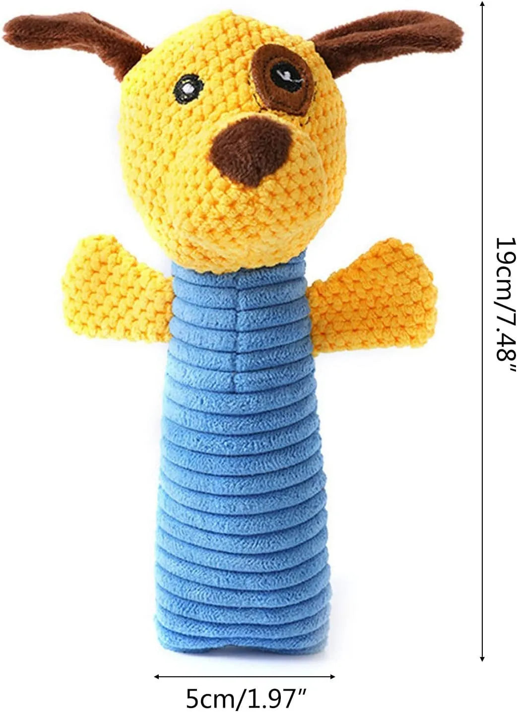 Soft cloth dog squeaky chew toy measuring 19cm by 5cm in stuffed animal shape