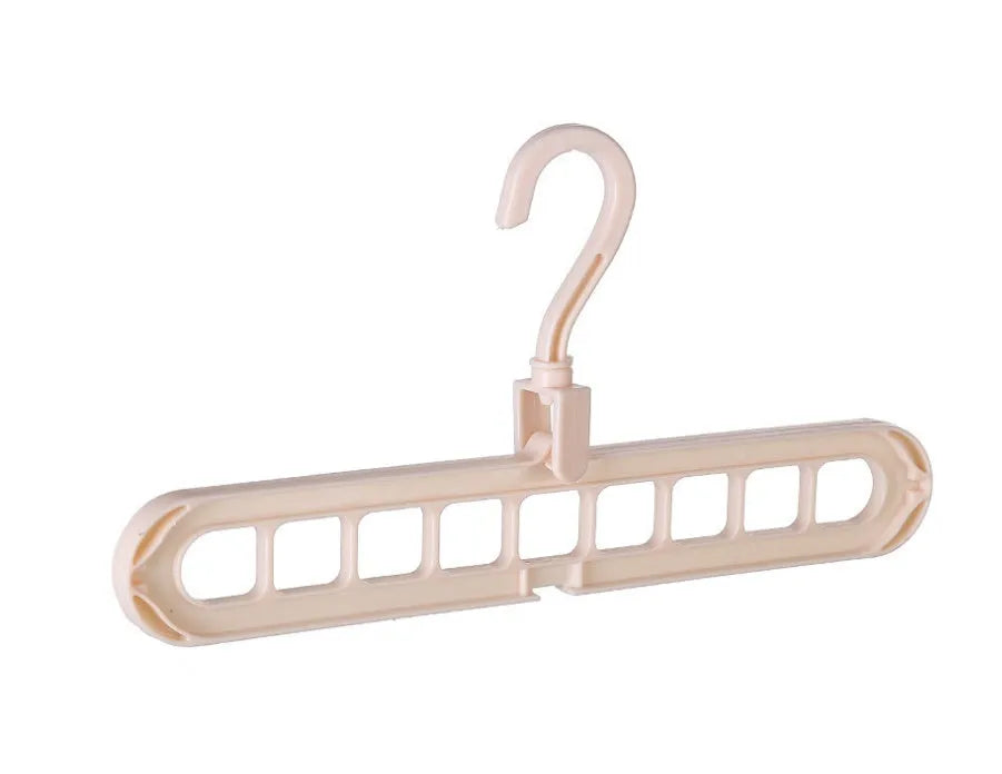 Plastic clothes hanger with a white hook on a pink background, showing its 33 cm length and rotatable handle.