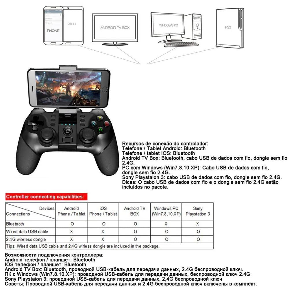 PG-9076 Bluetooth game controller in black with phone bracket holding a 5-inch smartphone