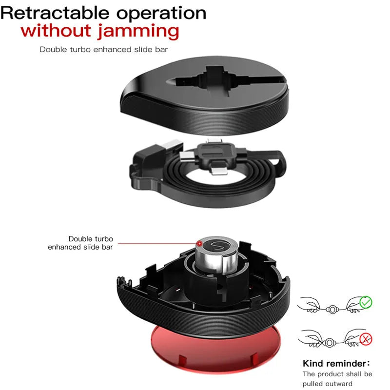 Telescopic three-in-one charging cable extended to 1 metre showing USB-C, Micro USB, and Lightning connectors