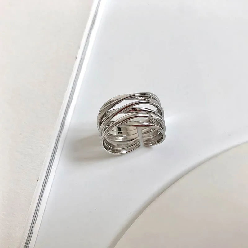 Retro multi-layer wrapped line ring for women copper electroplated silver gold adjustable opening
