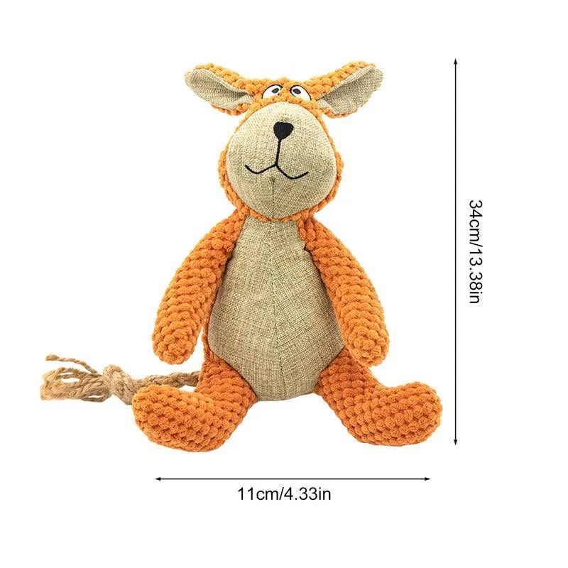 Plush squeaky dog toys in donkey, elephant, orangutan, and rabbit shapes for teeth cleaning and play