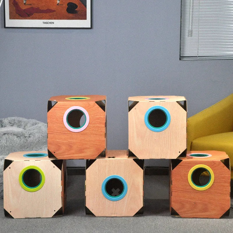 DIY cat hiding box with ABS+TPR circles and cardboard carton for hair removal