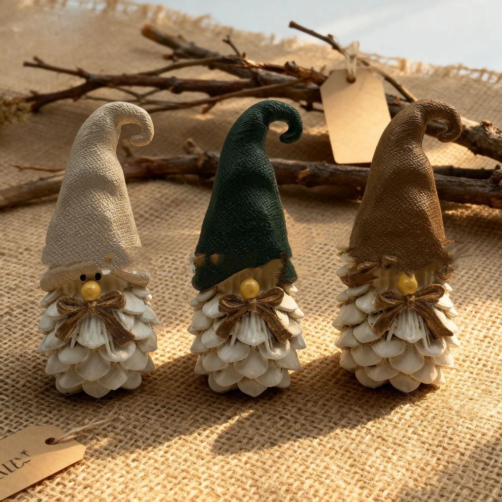 Set of three brown resin dwarf pine cone decorations on display