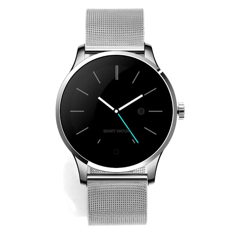 K88H smart watch showing time on its 1.3-inch IPS screen, available in black, gold, rose gold, and silver.