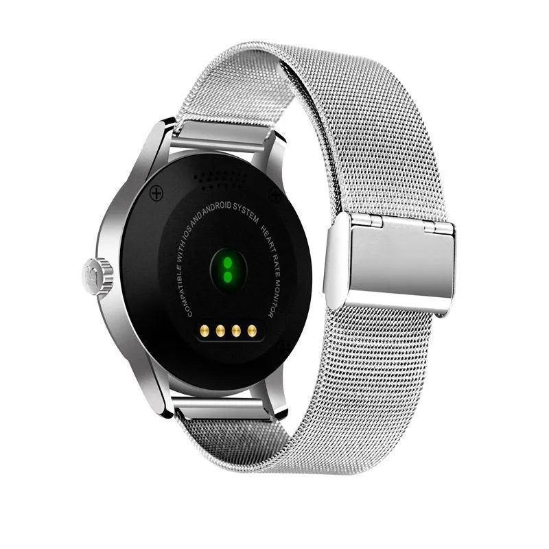 K88H smart watch showing time on its 1.3-inch IPS screen, available in black, gold, rose gold, and silver.