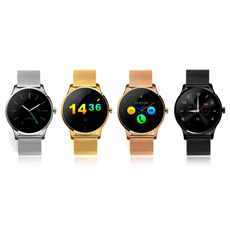 K88H smart watch showing time on its 1.3-inch IPS screen, available in black, gold, rose gold, and silver.