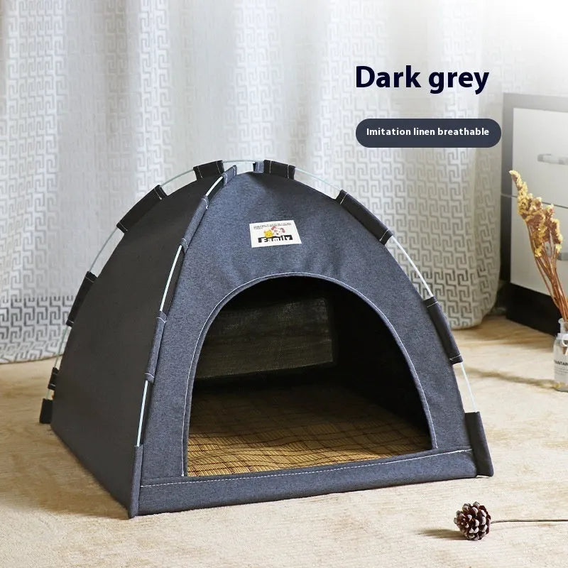 Grey linen-like fabric cat nest tent bed for a small dog with a removable cover.