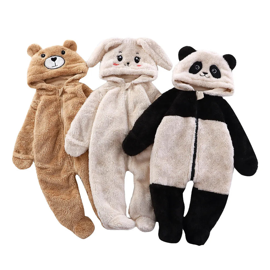 Boys and girls jumpsuit thermal pajamas in dark khaki cloth colour, thickening polyester fibre sleepsuit for babies and toddlers.