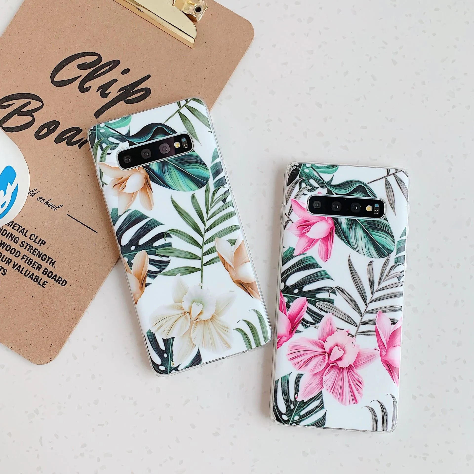 Samsung phone case with green leaf flower design on TPU back cover for Galaxy S10 S20 A51 Note10 models