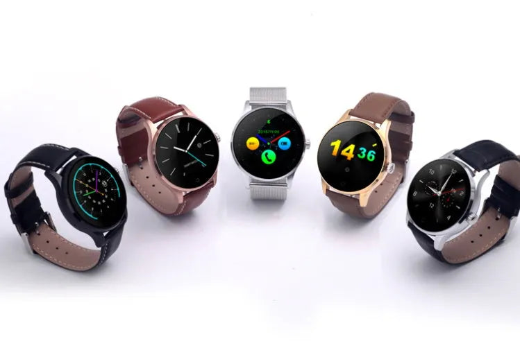 K88H smart watch showing time on its 1.3-inch IPS screen, available in black, gold, rose gold, and silver.