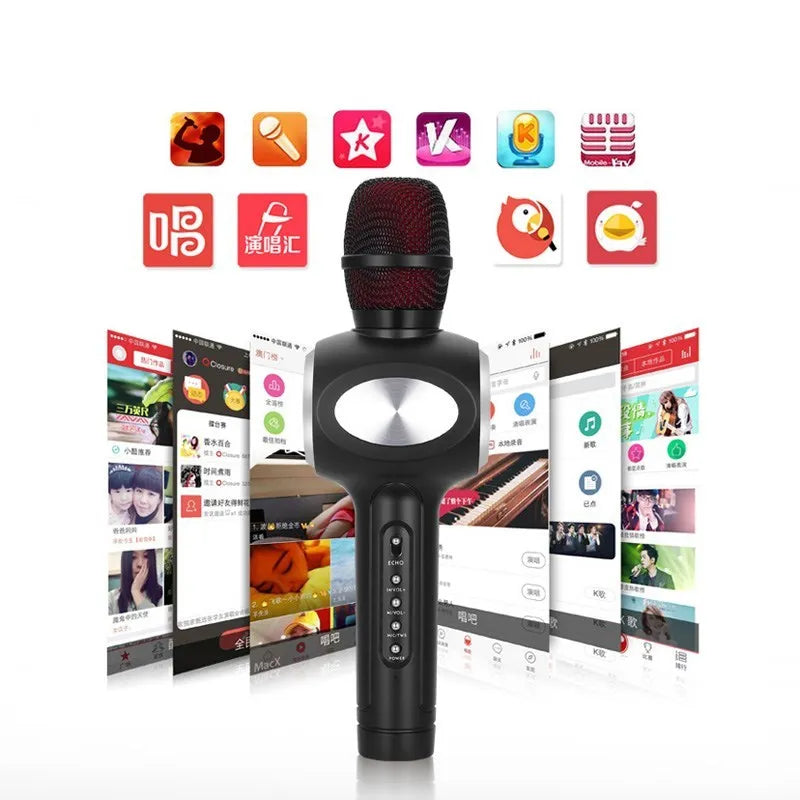 Yaerjia E108 wireless karaoke microphone in black, gold, or pink colour with built-in speaker