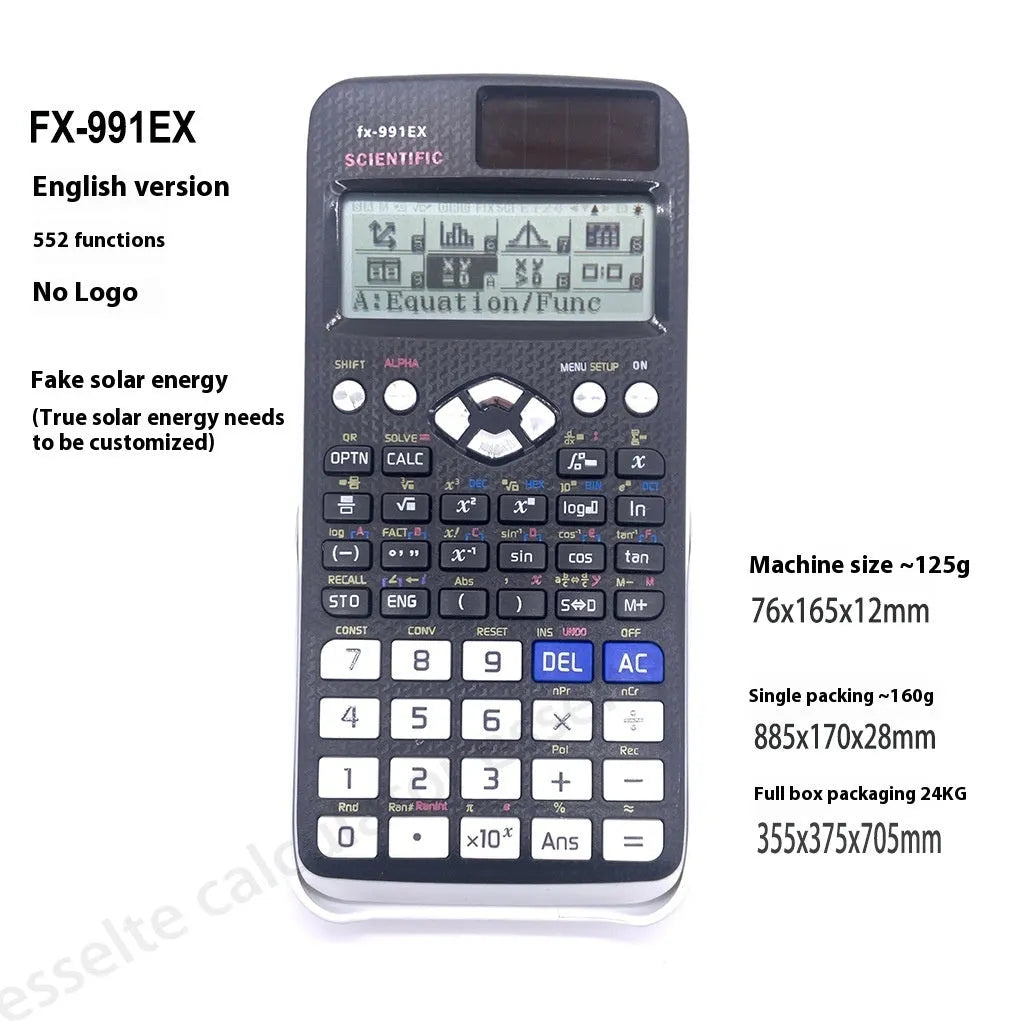 CASIO fx-991EX scientific calculator in black, blue, or pink with solar panel and dot matrix display