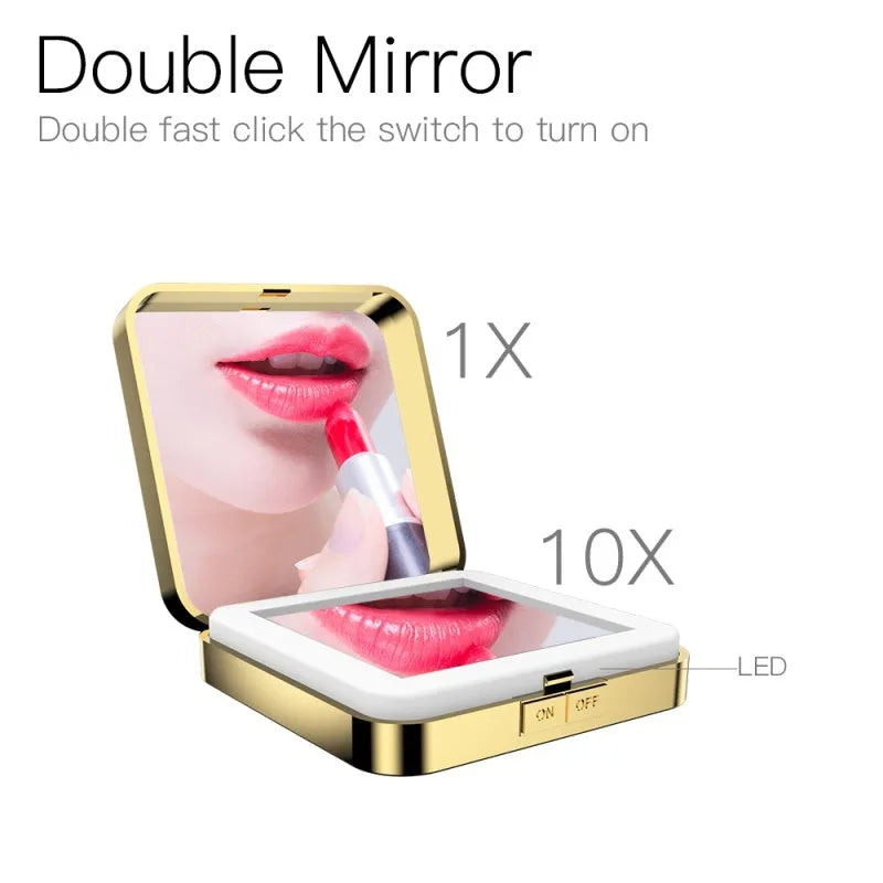 Black and white illuminated vanity mirror showing 4x magnification side and adjustable LED light settings.