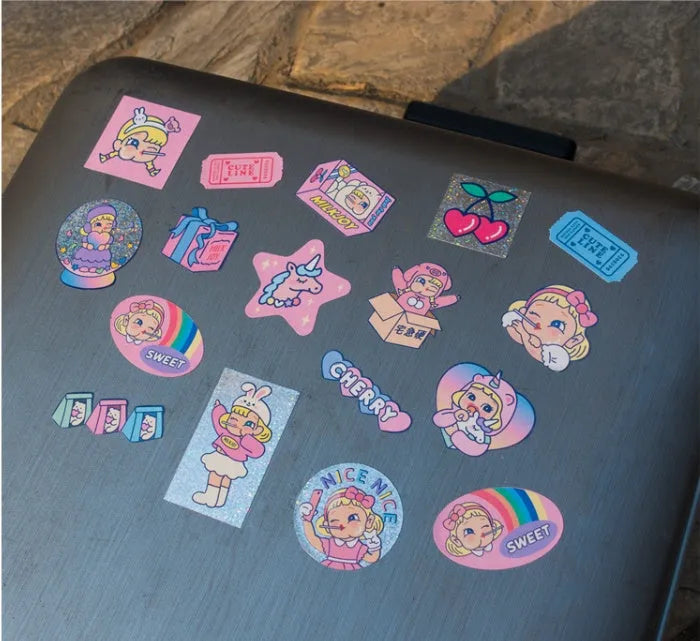 Korean cartoon sticker set with 16 square designs and storage box for suitcase and laptop decoration
