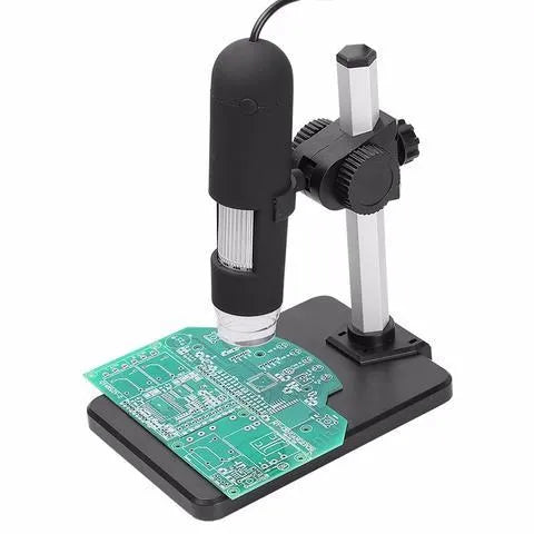 Black USB microscope camera with 8 LED lights, 1000X magnification, focus range 0-40mm