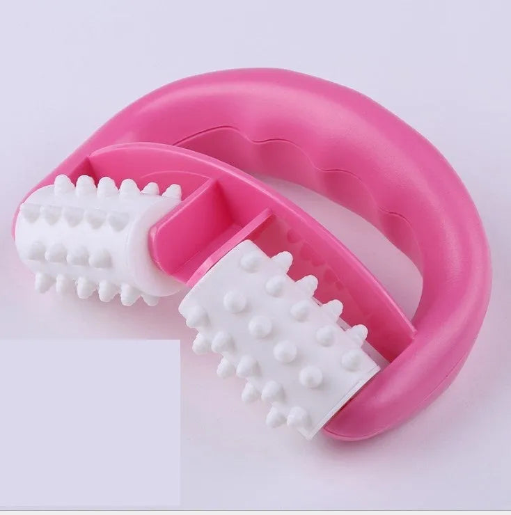 Handheld anti cellulite massager roller with blue dot wheel on white background, 13.5x8.5cm