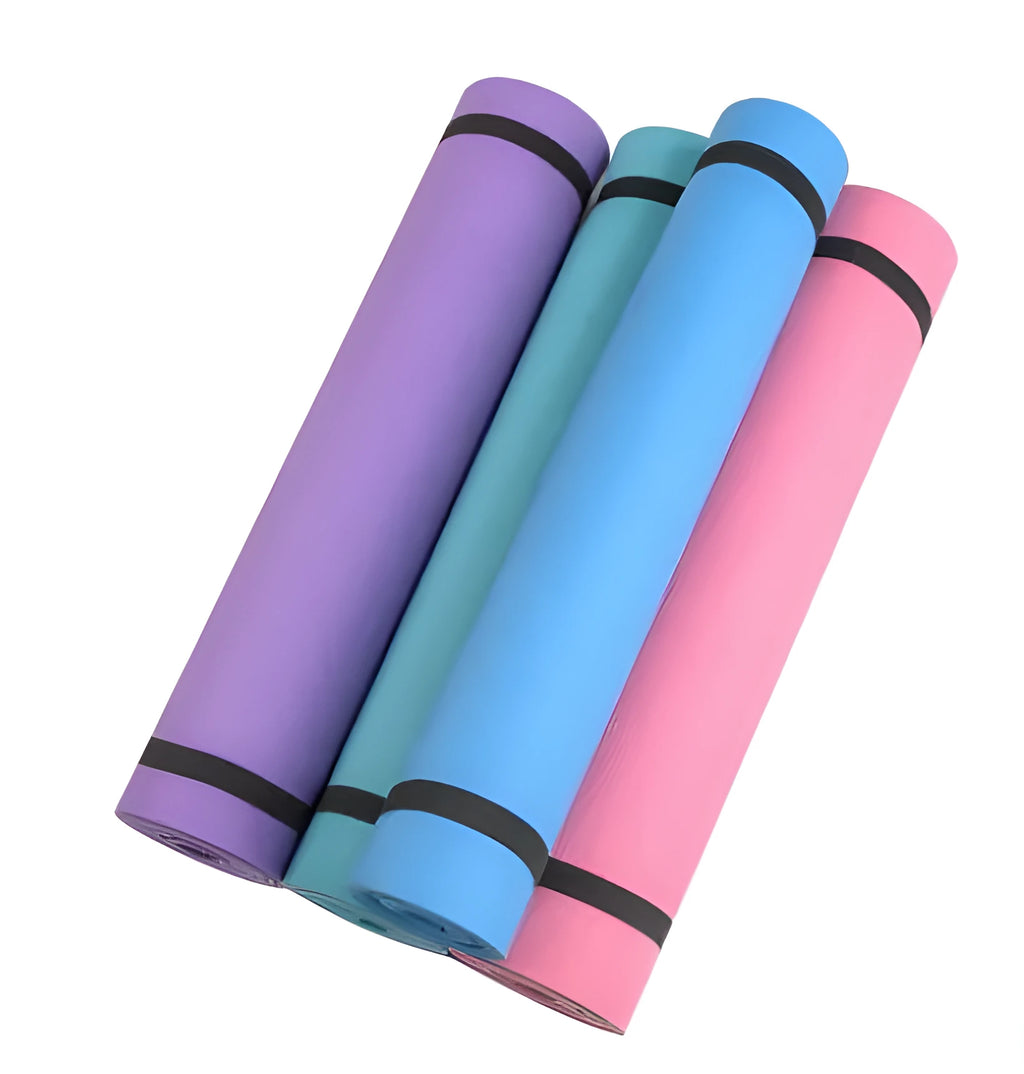 EVA fitness yoga mat in blue showing thickness and non-slip surface texture