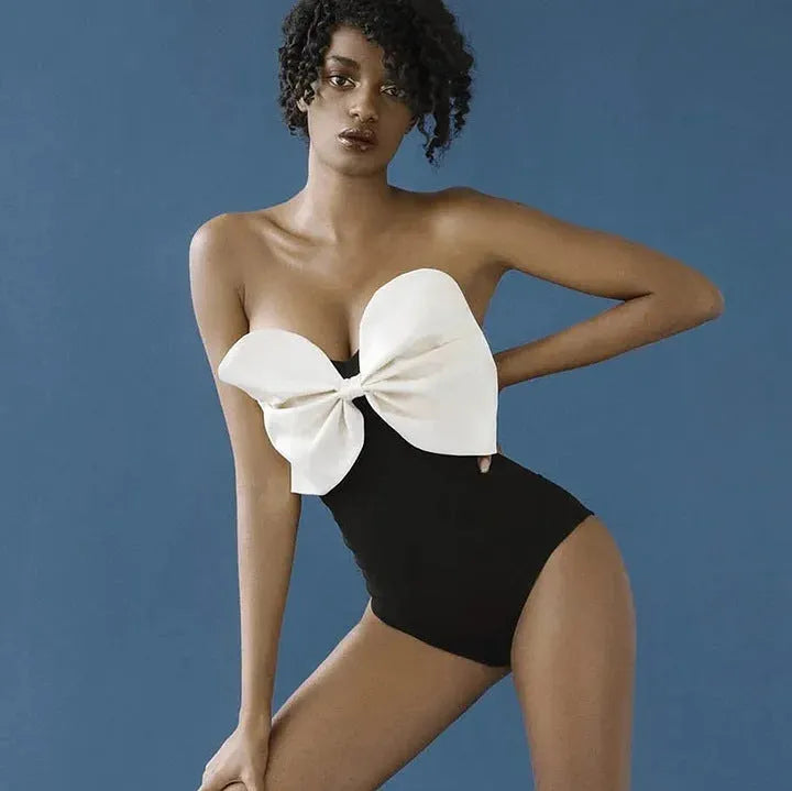 Black and white tube top bow one-piece swimsuit for women, solid colour, high elasticity, with wrap skirt option