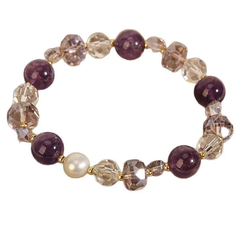Women's artificial amethyst four-leaf clover bracelet with pearl accents on U-shaped electroplated chain.