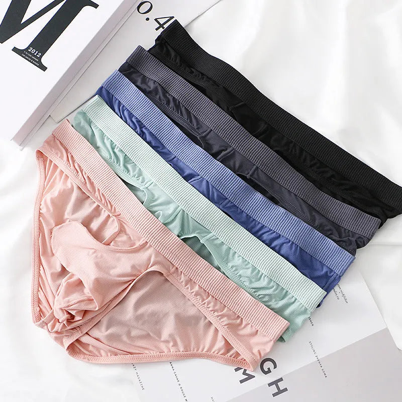 Men's low waist briefs underwear in Ice Silk fabric, showing colour options black, grey, light green, pink, and purple blue.