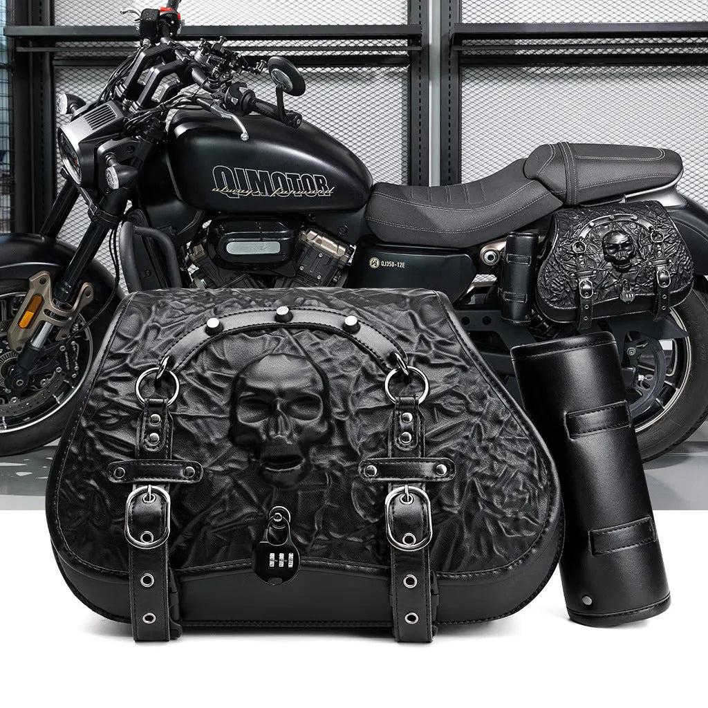 Pair of black PU motorcycle side luggage bags, model FBG404BK, mounted on a motorcycle.