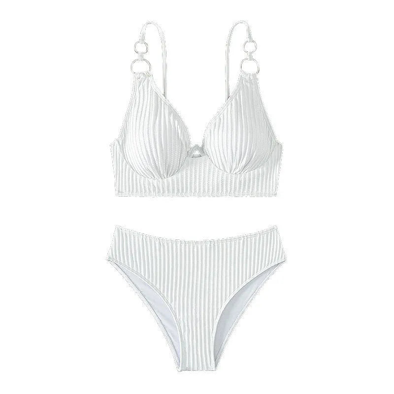 Women's two piece bikini swimsuit in polyester with bra top and panties, available in white, black, green, or rose red