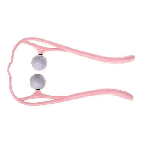 Blue plastic handheld neck massager with adjustable bracket and soft roller head on a white background.
