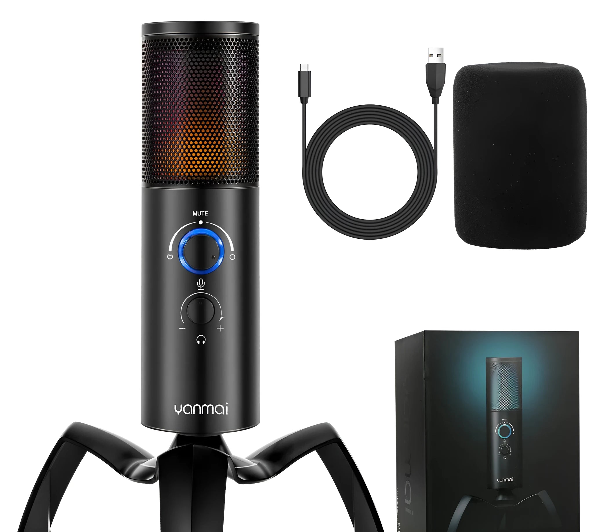 Black metal USB condenser microphone with RGB lighting on integrated tripod mount