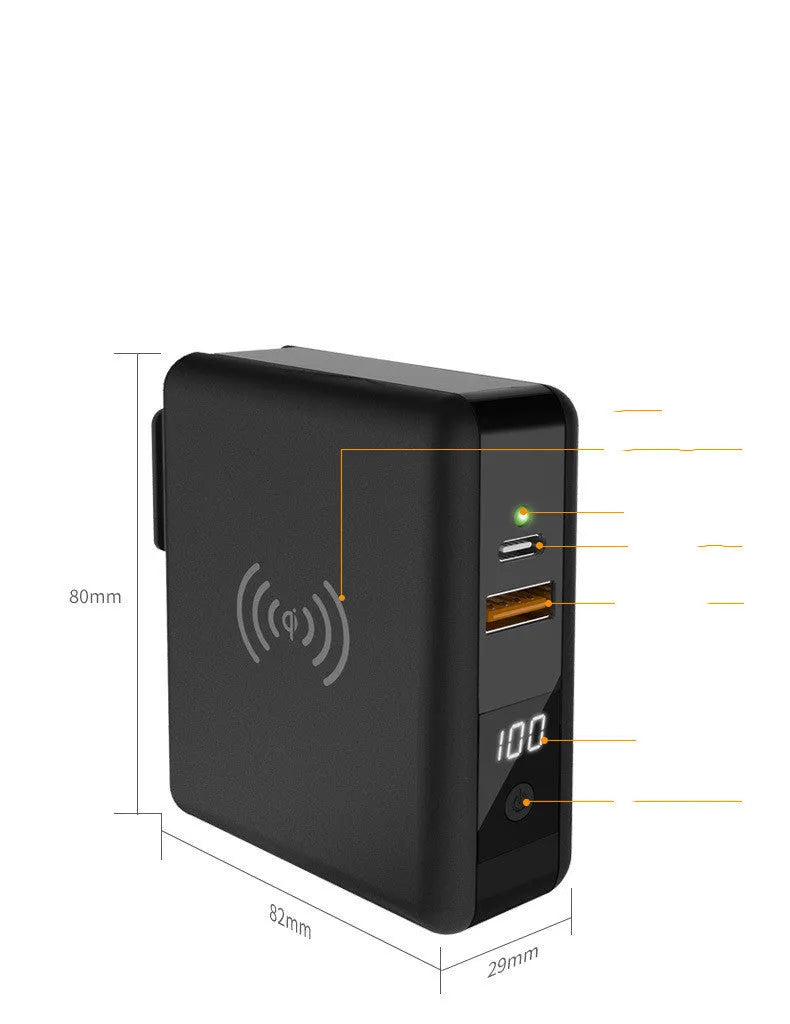 Black and white Super QI wireless PD20W fast charging power bank with integrated plug.
