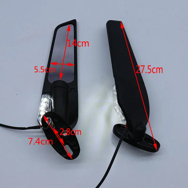 Pair of die-cast aluminium alloy motorcycle spoiler rearview mirrors with integrated yellow running lights and convex glass lenses.