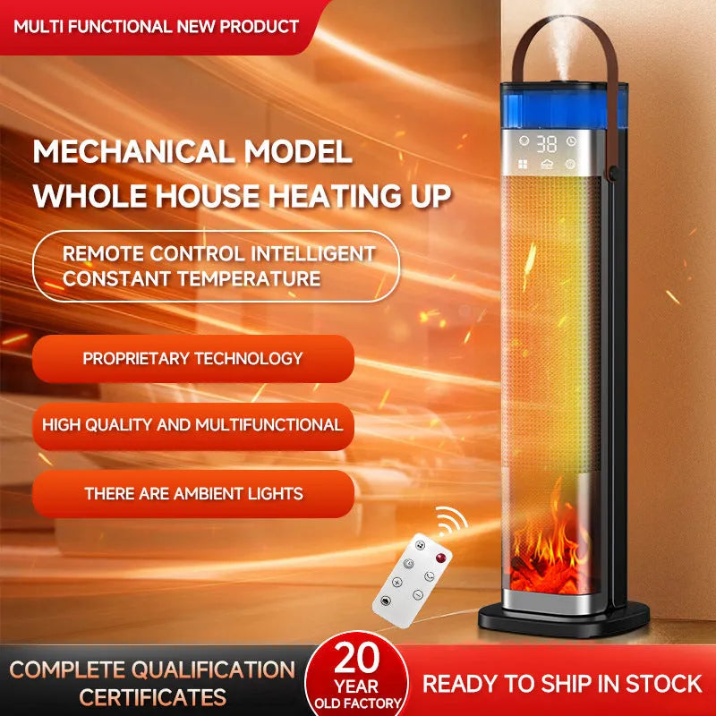 Slender vertical ceramic heater with humidifier and voice control, shown with remote.