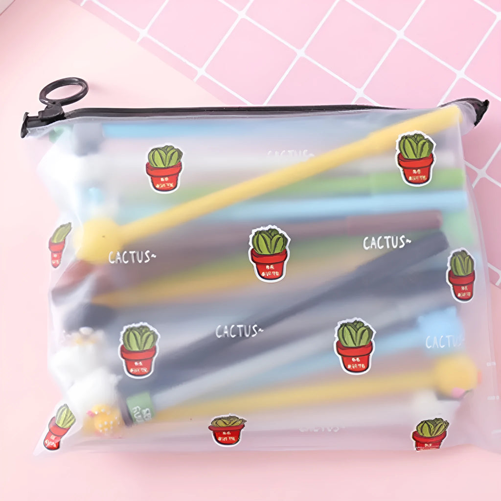 Marvel Cactus Boys and Girls themed set of 20 black 0.5mm ballpoint pens inside a rectangular plastic storage case.