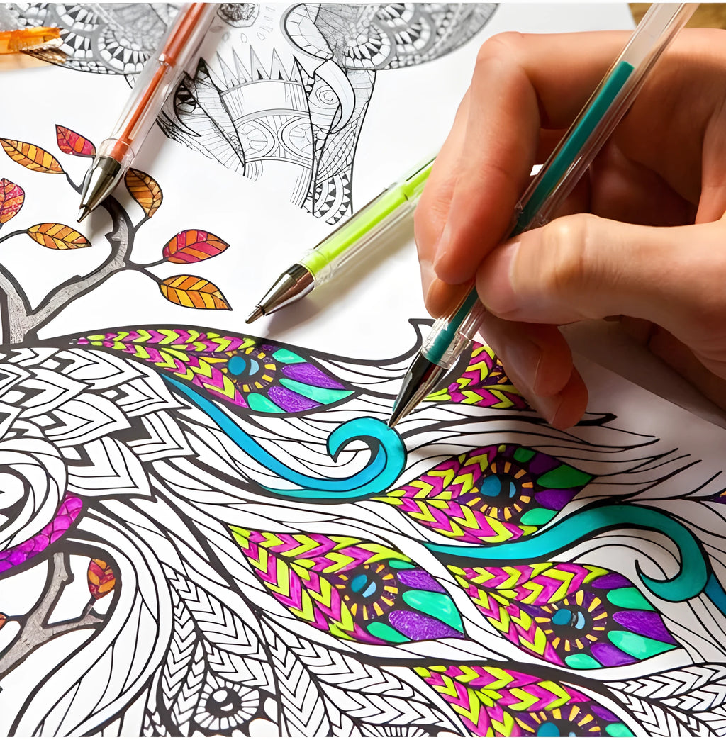 Pack of colour gel pens showing the pen design and highlighting the large 2.2mm ink tube