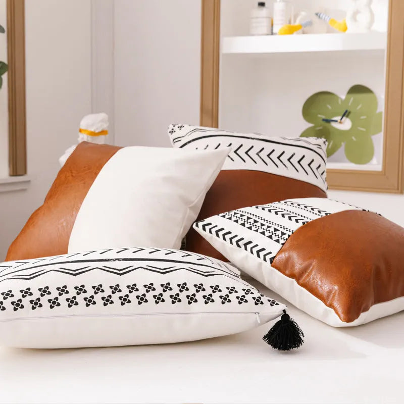 Double sofa cushion in cotton canvas and leather-look fabric, 45x45cm or 35x50cm, PP cotton filling, hidden zipper
