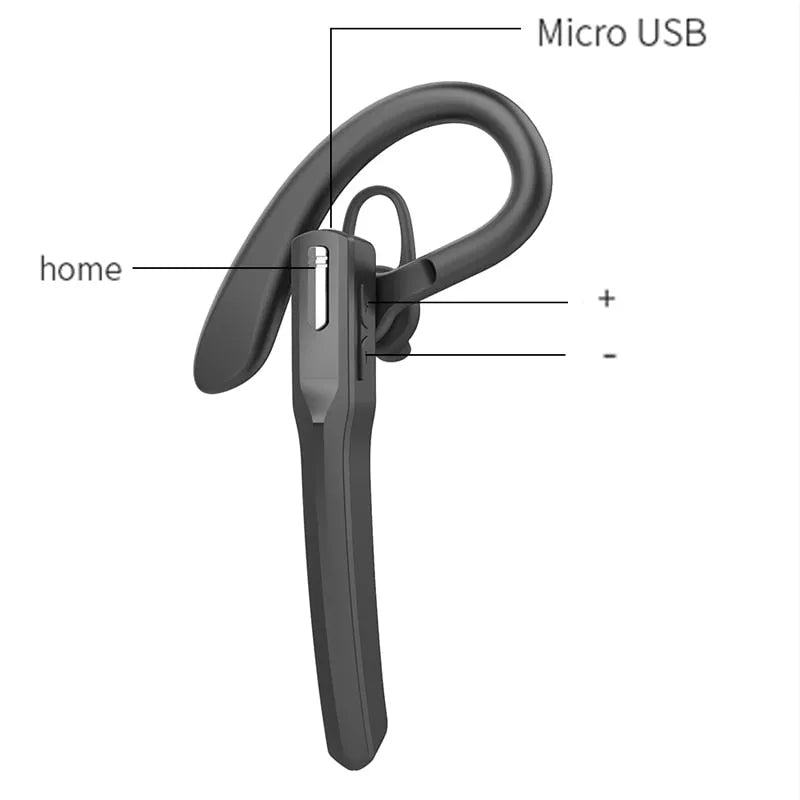 Wireless sports bluetooth headset in black with hanging ear design and silicone ear hooks