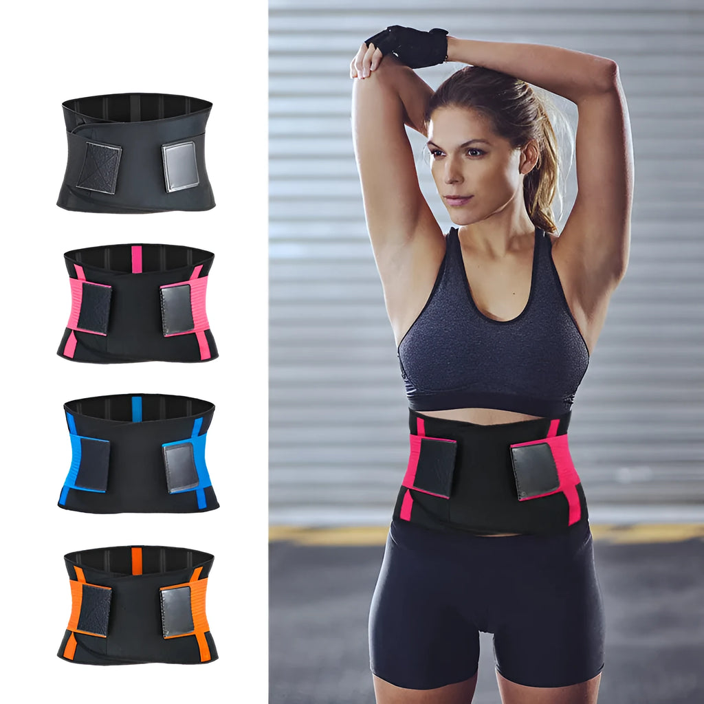 Neoprene sports waist belt with silicone anti-skid and adjustable hook and loop fastening, in Black, Blue, Deep pink, Orange, or Pink.