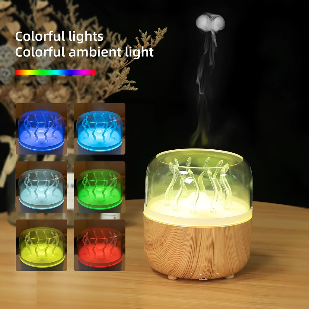 Wood grain rotating spray jellyfish ambience light humidifier with aromatherapy, black colour, on desk