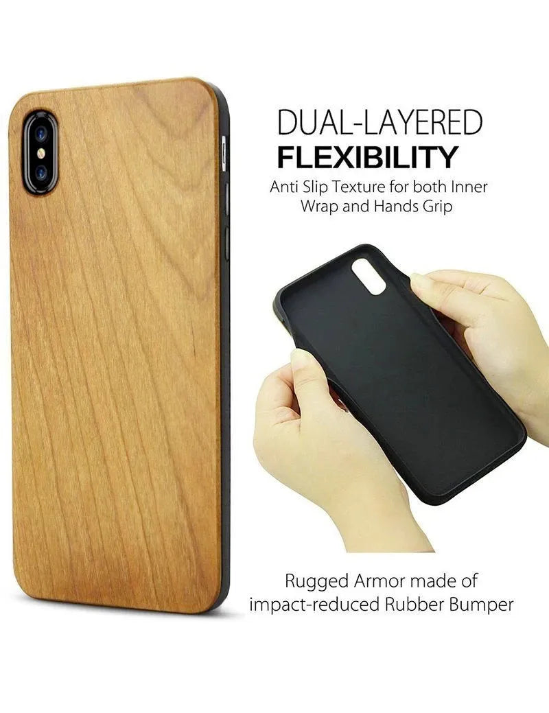 Wooden phone case with TPU bumper showing laser-carved pattern on wooden back