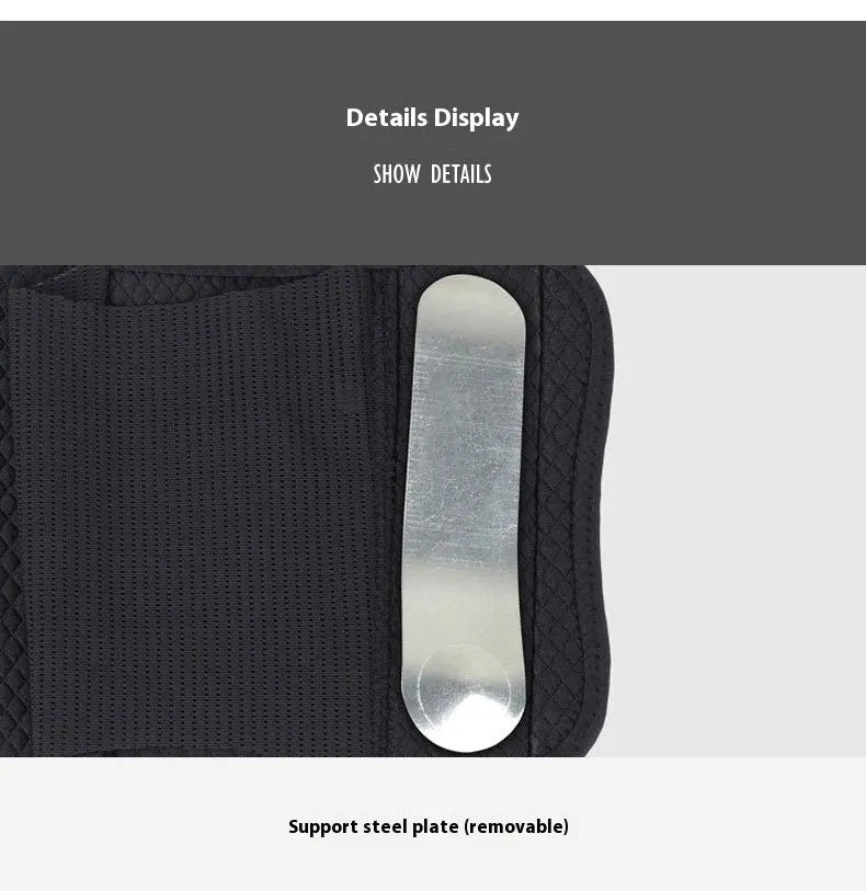 Pair of black neoprene and aluminum plywood joint tendon sheath fixed support gloves for sports.
