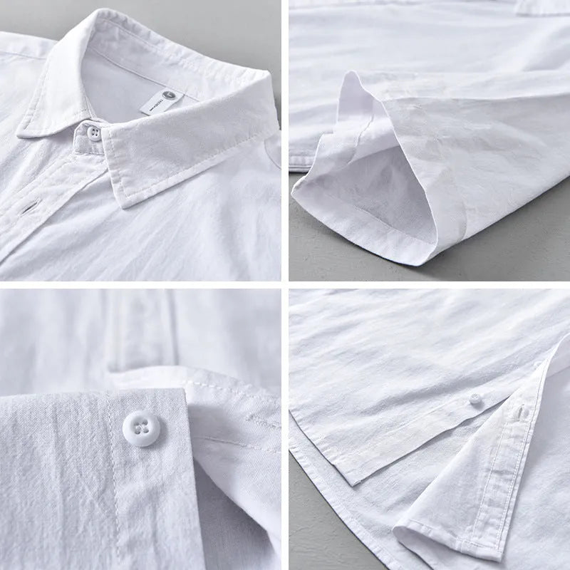 Men's light grey loose fit short-sleeved cotton cardigan shirt on a hanger.