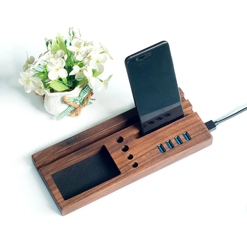 Solid wood desktop storage bracket with leather lined tray