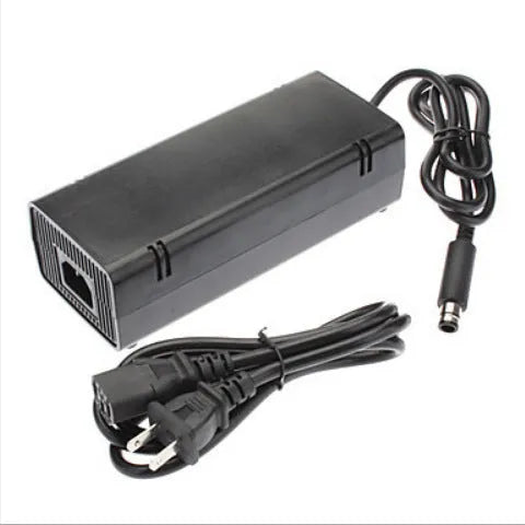 Black Xbox 360 E AC power adapter with detachable cable and UK/EU/US plug options