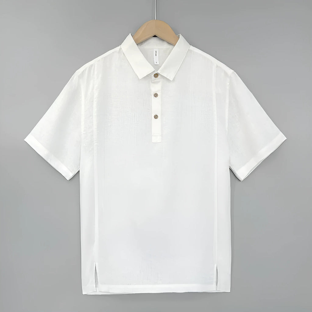 Men's loose-fit linen short-sleeve top with thin lapels in grey green.