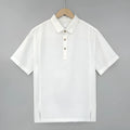 Men's loose-fit linen short-sleeve top with thin lapels in grey green.