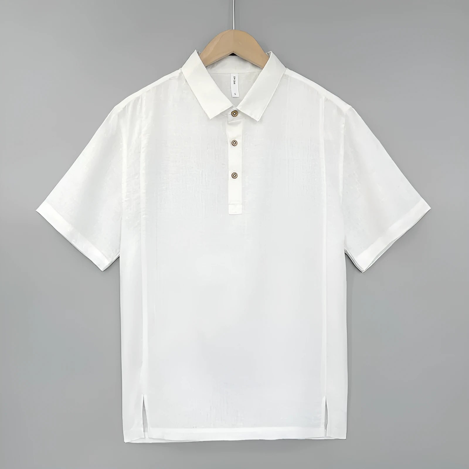 Men's loose-fit linen short-sleeve top with thin lapels in grey green.